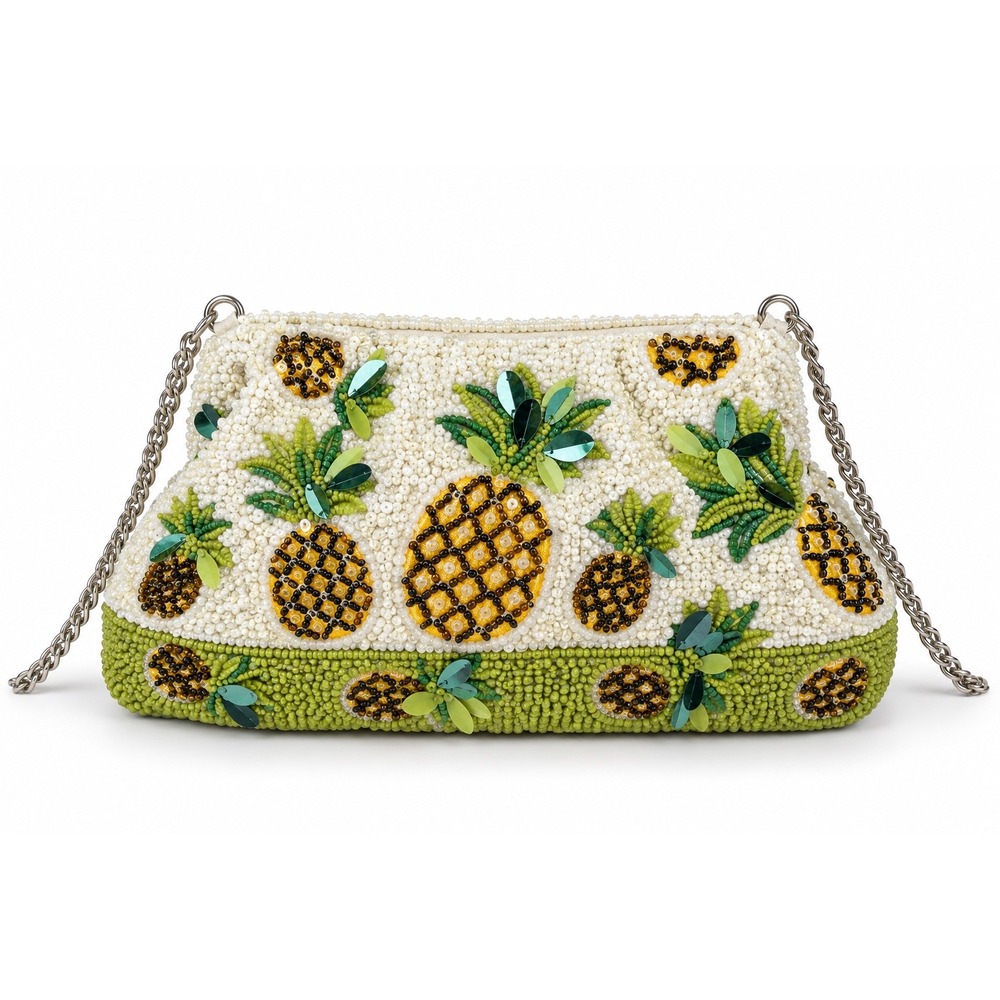 NWT Made in India Beaded Pineapple Crossbody Clutch Bag White Green Yellow OS